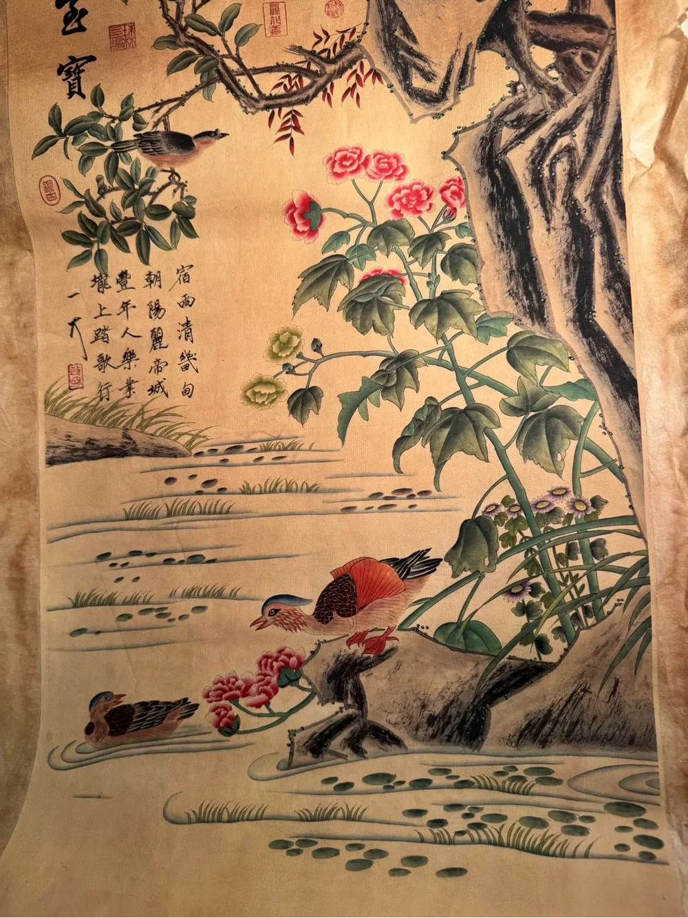 Old Antique Chinese Painting Scroll Flowers and Birds on Rice paper
